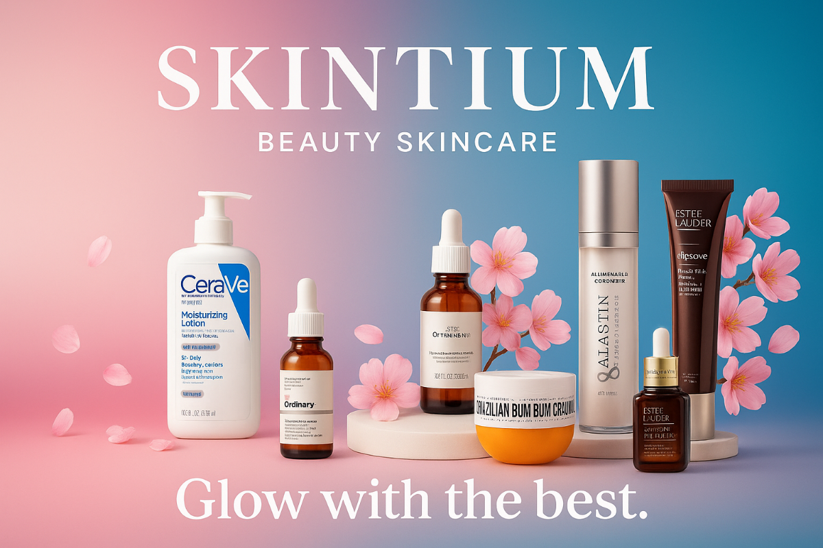 Skintium beauty skincare products with a gradient background