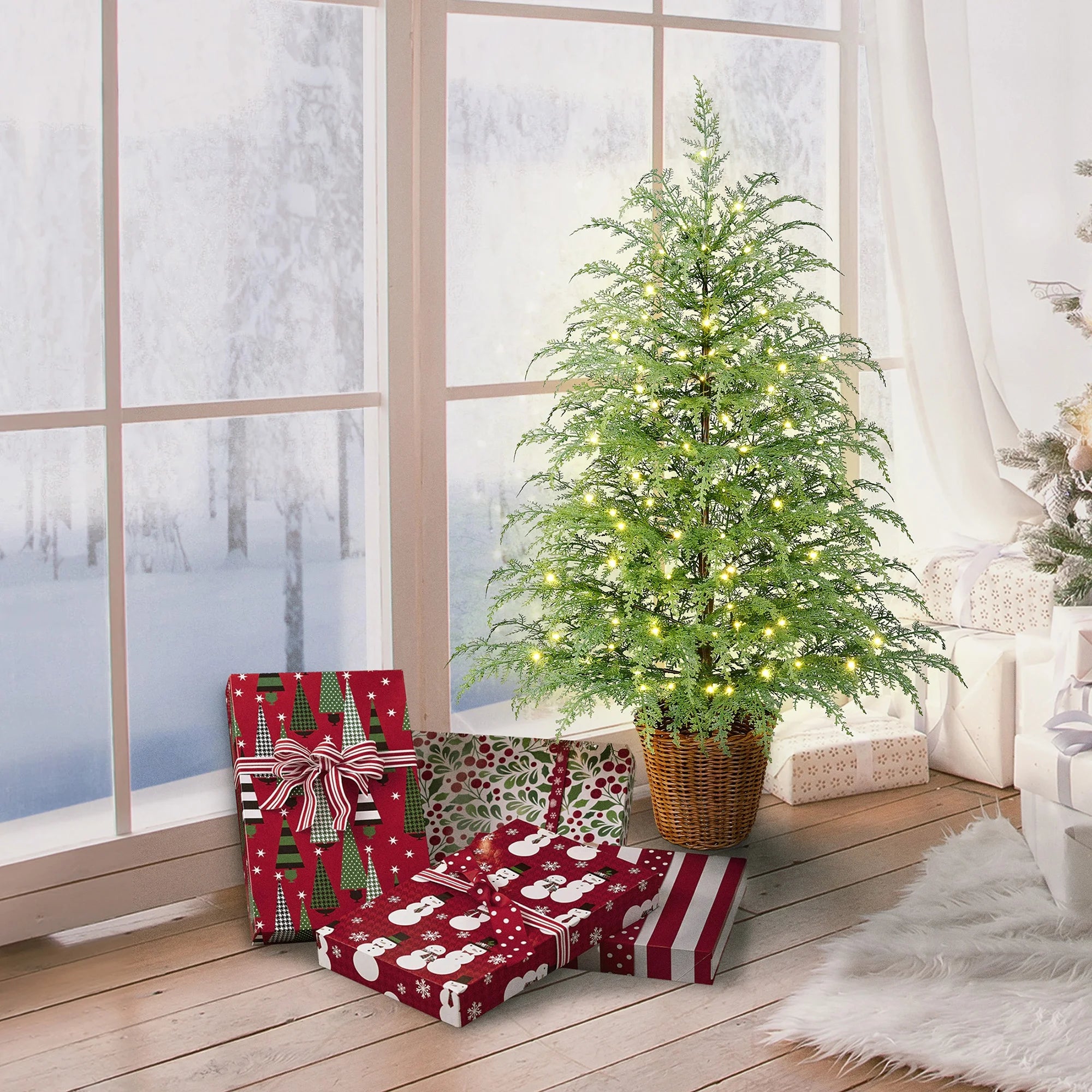 4' Pre-Lit Green Cypress Artificial Christmas Potted Tree with 100 Warm White Twinkle LED Lights, by My Texas House