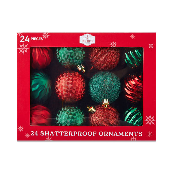 24-Count Red and Green Shatterproof Multi-Textured Christmas Ornaments, 2.36 in, by Holiday Time