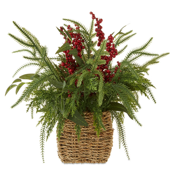 Winter Floral Basket with Berries Christmas Tabletop Decoration, Green and Red, 15", by Holiday Time